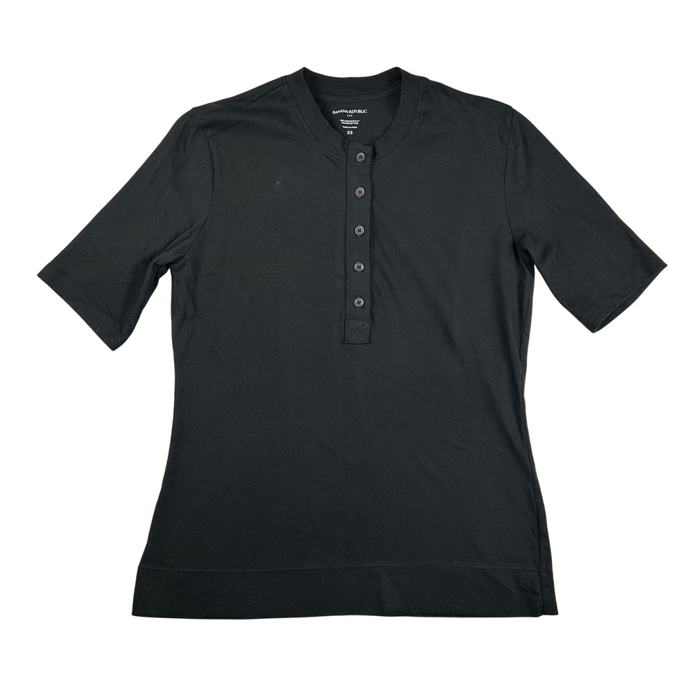 Banana Republic Womens XS Black Organic Cotton Elbow Sleeve Henley Top